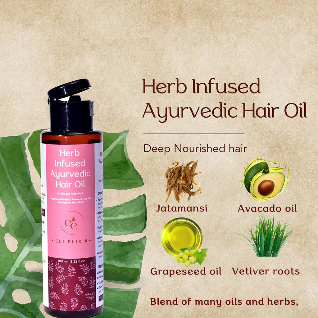 Herb Infused Ayurvedic Hair Oil for Dry and Frizzy Hair - ELI ELIXIR