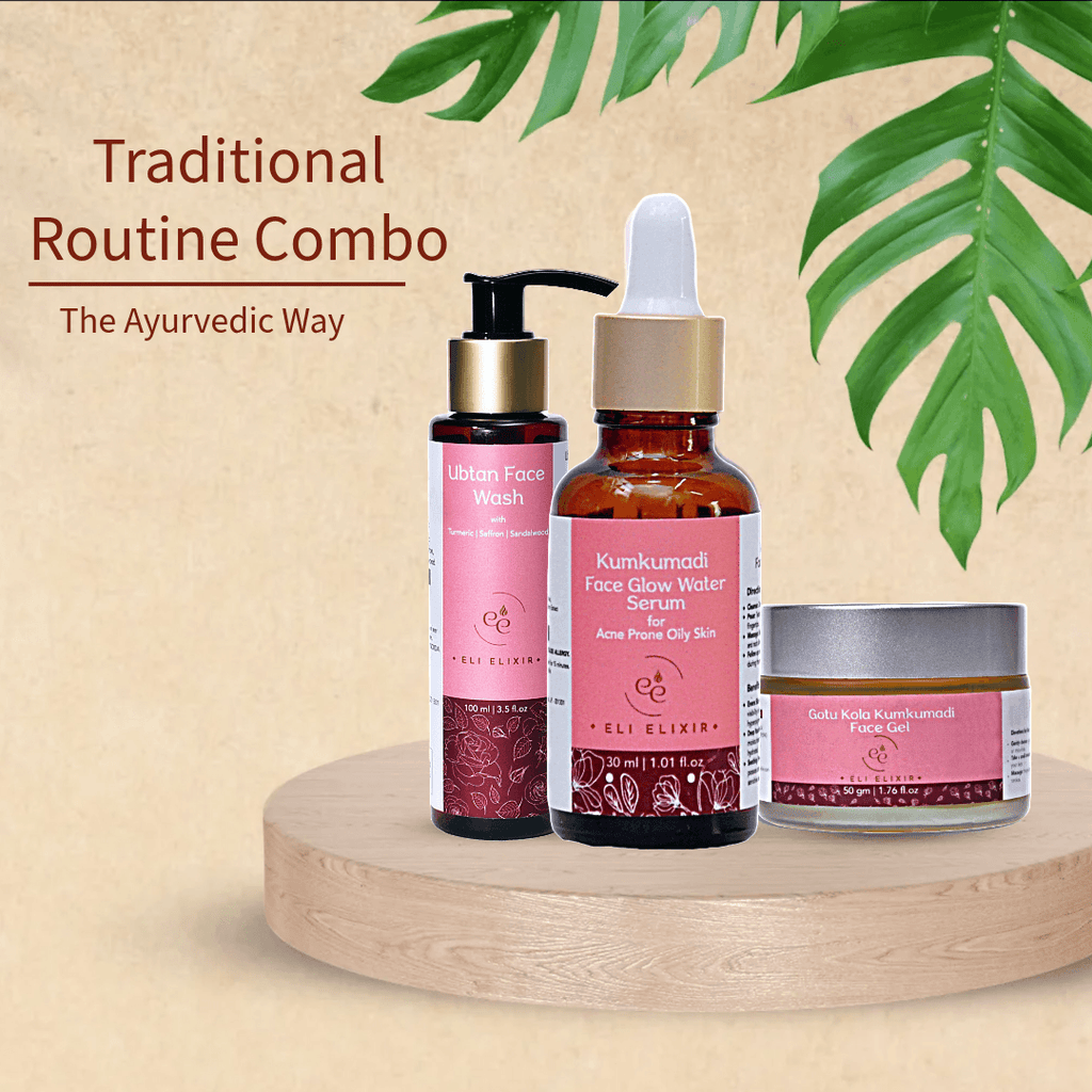 Traditional Face Care Routine Combo : Ubtan Face Wash + Gotu Kola Kumkumadi Gel + Kumkumadi Face Glow Water Serum ELI ELIXIR